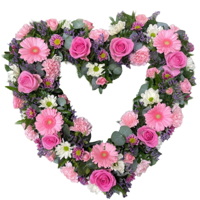 Heartfelt Farewell - A beautiful open funeral heart arranged in soft pink, white and purple tones with fresh greenery. Alternative colour choices can be requested in the Special Instructions when ordering.