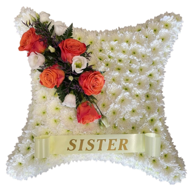 Treasured Memories Pillow - A traditional funeral pillow tribute in fresh white with a warm coral accent. Personalised wording and alternative colour choices can be requested in the Special Instructions when ordering.