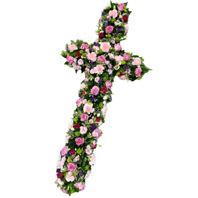 Floral Cross Tribute - A beautiful funeral cross arranged in soft pink, purple and rich accent tones with fresh greenery. Alternative colour choices can be requested in the Special Instructions when ordering.