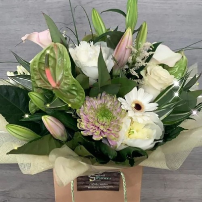 Harmony Delight - A handtied aqua pack bouquet wrapped in complementary cellophane, presented in water and a gift bag with a personalised message of your choice.